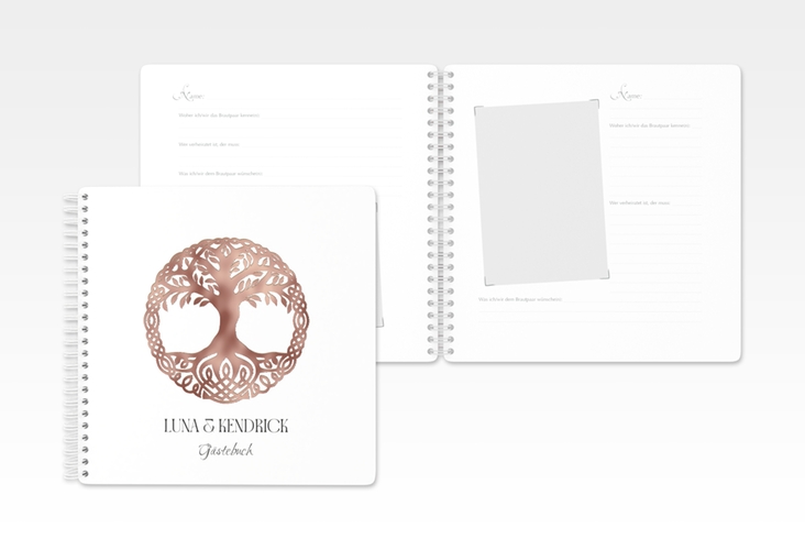 Gästebuch Hochzeit Lebensbaum Ringbindung weiss rosegold im Stil der Kelten und Wikinger
