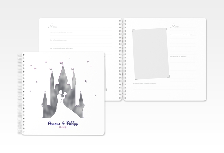 Gästebuch Hochzeit Castle Ringbindung weiss silber mit Silhouette von Märchenschloss mit Prinz und Prinzessin