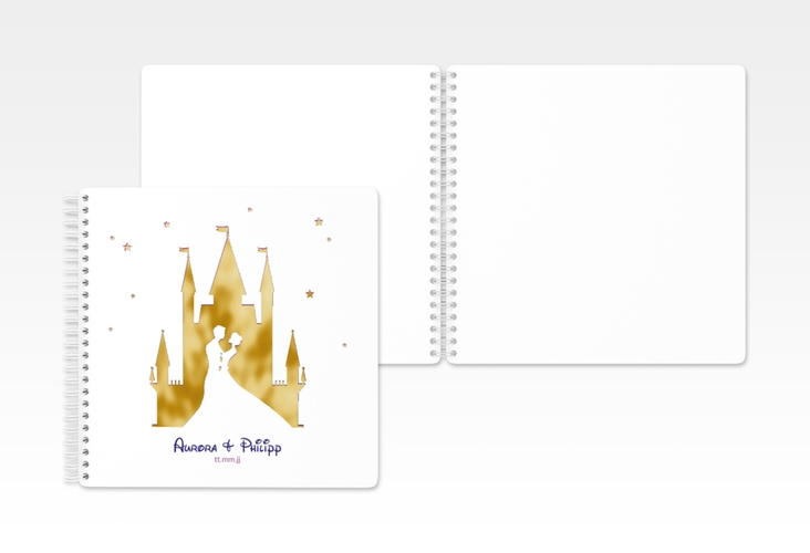 Gästebuch Hochzeit Castle Ringbindung weiss gold mit Silhouette von Märchenschloss mit Prinz und Prinzessin