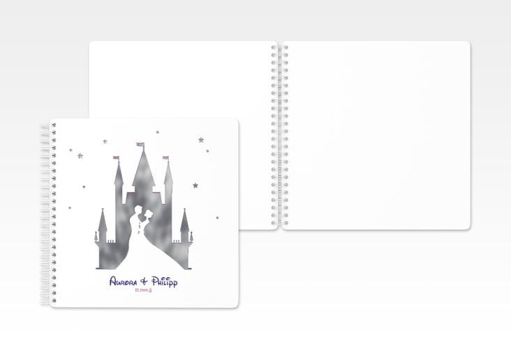 Gästebuch Hochzeit Castle Ringbindung weiss silber mit Silhouette von Märchenschloss mit Prinz und Prinzessin
