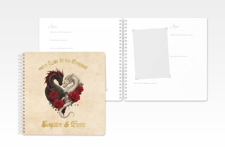 Gästebuch Hochzeit Drachenliebe Ringbindung beige gold mit schwarzem und weißem Drachen zu einem Herz verschlungen