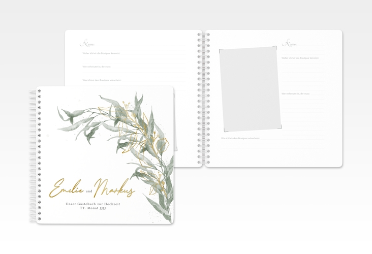 Gästebuch Hochzeit Eucalyptus Green Ringbindung weiss gold