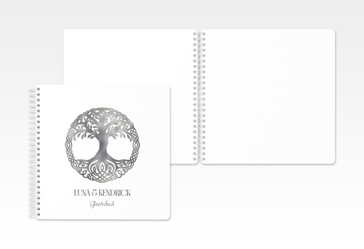 Gästebuch Hochzeit Lebensbaum Ringbindung weiss silber im Stil der Kelten und Wikinger