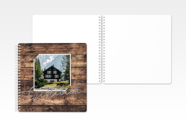 Gästebuch Ferienwohnung Jagdhaus Ringbindung braun silber in Holz-Optik mit Foto