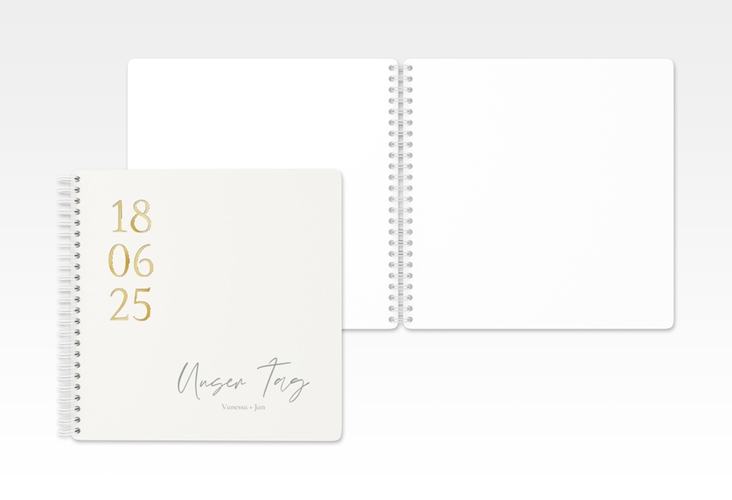 Gästebuch Hochzeit Day Ringbindung weiss gold mit Datum im minimalistischen Design