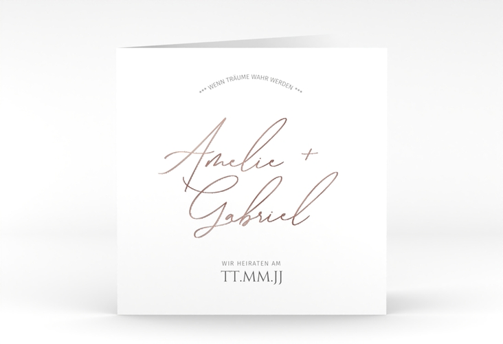 Hochzeitseinladung Federschrift quadr. Klappkarte weiss rosegold in schlichtem Design mit Kalligrafie