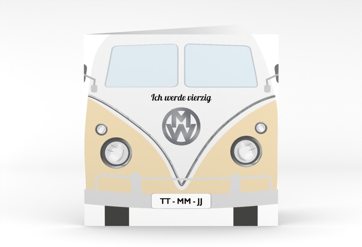 Einladung 40. Geburtstag Bulli Bus quadr. Klappkarte beige silber