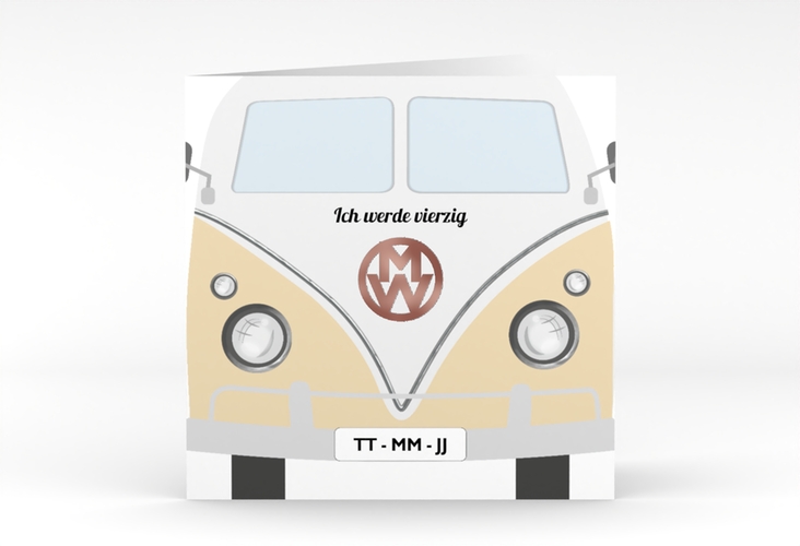 Einladung 40. Geburtstag Bulli Bus quadr. Klappkarte beige rosegold