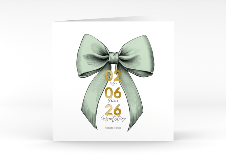 Einladung 80. Geburtstag Geburtstagsschleife quadr. Klappkarte gruen gold