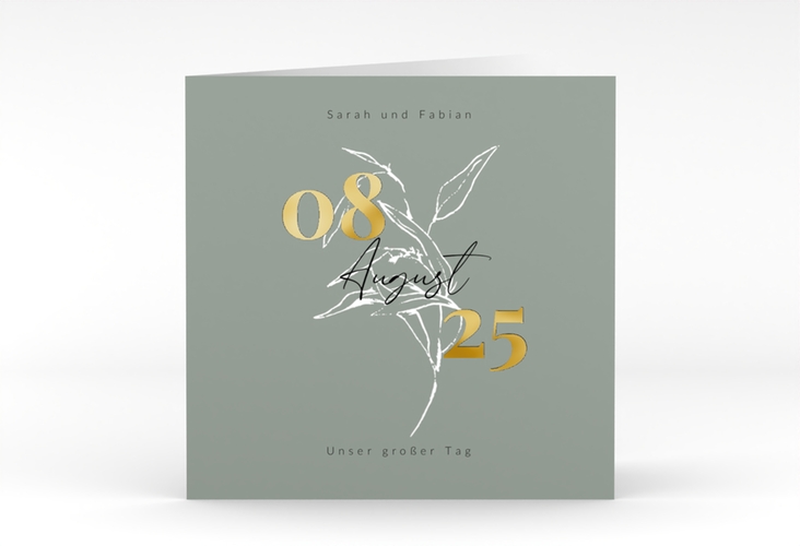 Hochzeitseinladung Seed quadr. Klappkarte gruen gold mit Pflanzen-Illustration und elegantem Datum
