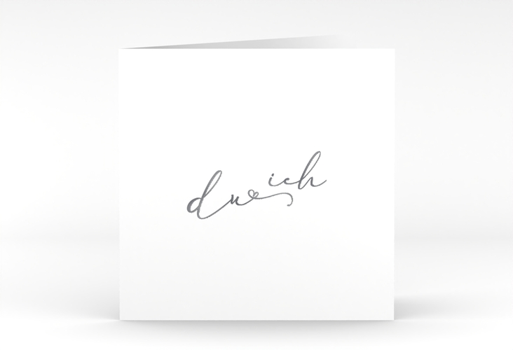Hochzeitseinladung Zweisamkeit quadr. Klappkarte weiss silber im minimalistischen Stil mit Aufschrift du & ich