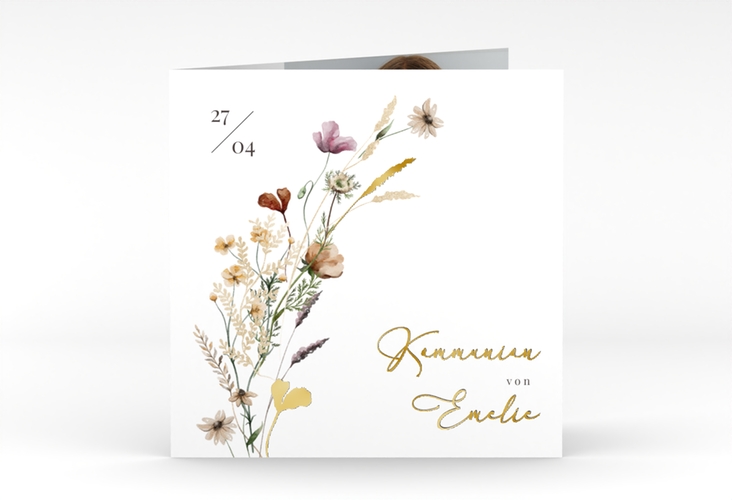 Kommunionseinladung Blumensegen quadr. Klappkarte weiss gold