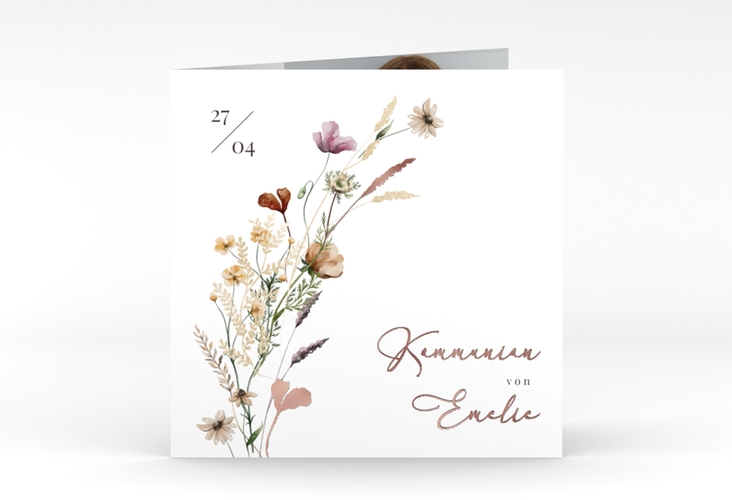 Kommunionseinladung Blumensegen quadr. Klappkarte weiss rosegold