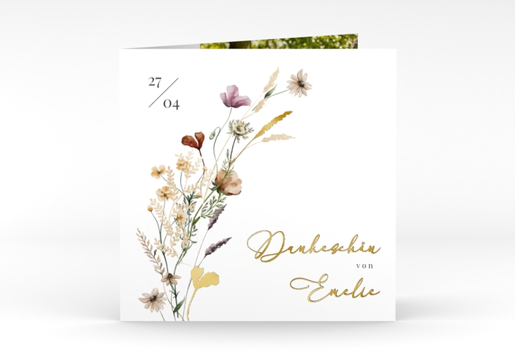 Danksagung Kommunion Blumensegen quadr. Klappkarte weiss gold