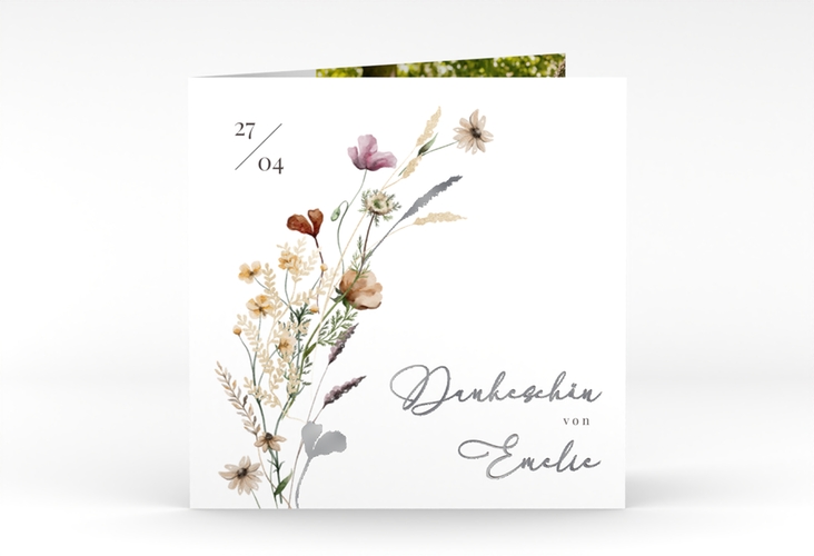 Danksagung Kommunion Blumensegen quadr. Klappkarte weiss silber