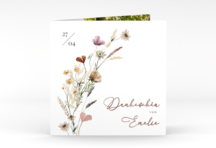Danksagung Kommunion Blumensegen quadr. Klappkarte weiss rosegold