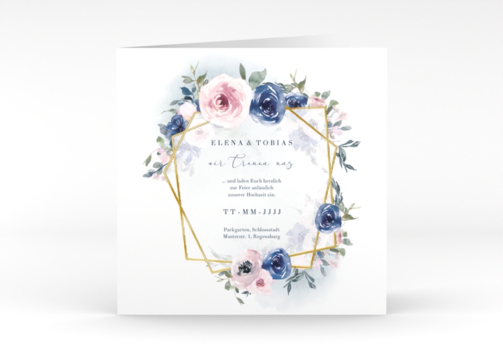 Hochzeitseinladung Dustyblue quadr. Klappkarte weiss gold