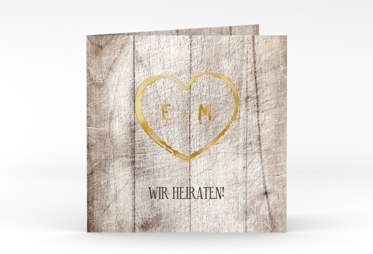 Hochzeitseinladung "Wood" quadratische Klappkarte weiss gold in Holz-Optik mit Herz und Initialen