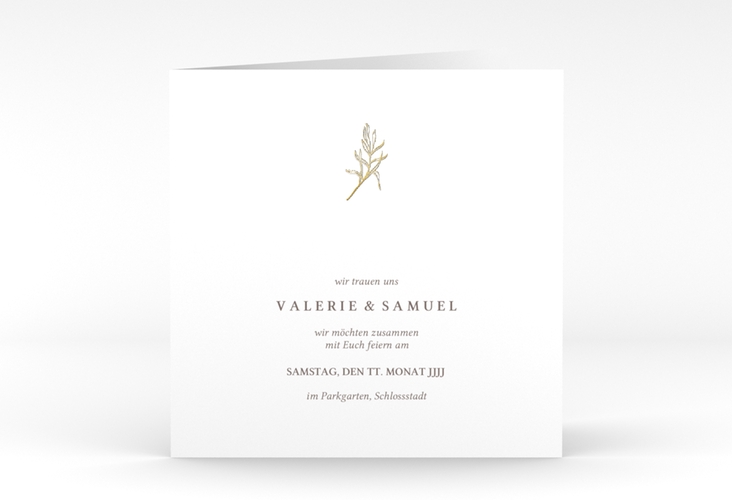 Hochzeitseinladung Ivy quadr. Klappkarte weiss gold minimalistisch mit kleiner botanischer Illustration