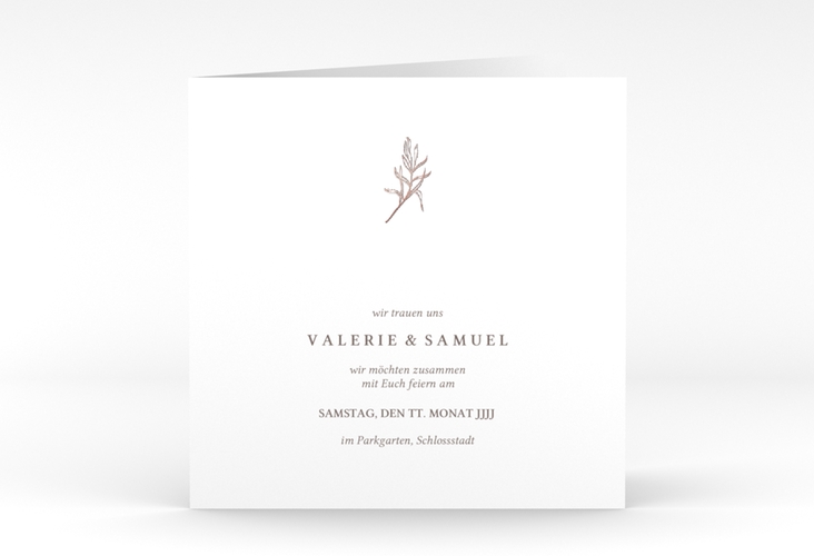 Hochzeitseinladung Ivy quadr. Klappkarte weiss rosegold minimalistisch mit kleiner botanischer Illustration