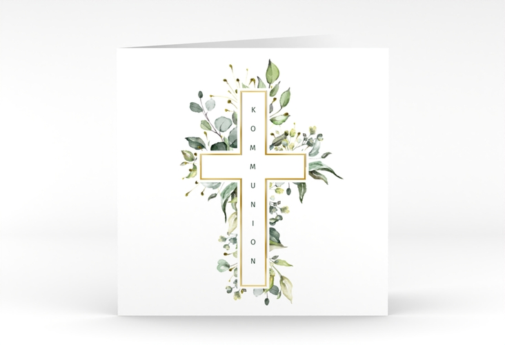 Danksagungskarte Kommunion Verdant quadr. Klappkarte weiss gold