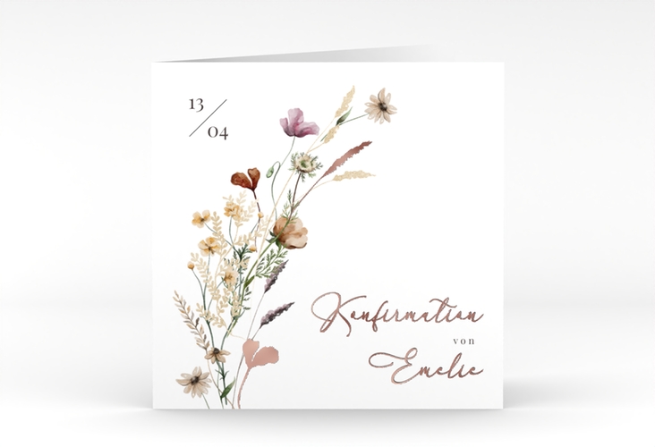 Konfirmationseinladung Aufblühen quadr. Klappkarte weiss rosegold