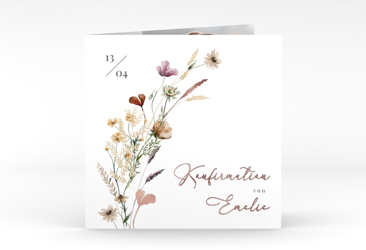 Konfirmationseinladung Aufblühen quadr. Klappkarte weiss rosegold