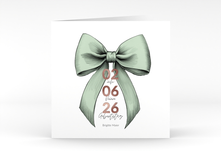 Einladung 70. Geburtstag Geburtstagsschleife quadr. Klappkarte gruen rosegold