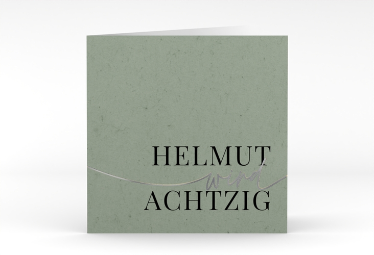 Einladung 80. Geburtstag Einfach quadr. Klappkarte gruen silber