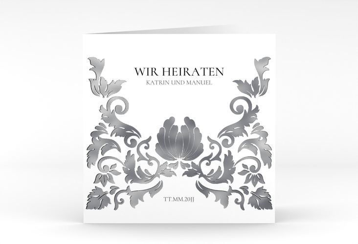 Hochzeitseinladung Royal quadr. Klappkarte weiss silber mit barockem Blumen-Ornament