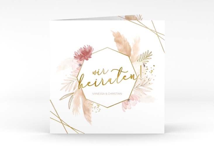 Hochzeitseinladung Bohostyle quadr. Klappkarte beige gold mit Pampasgras in Aquarell