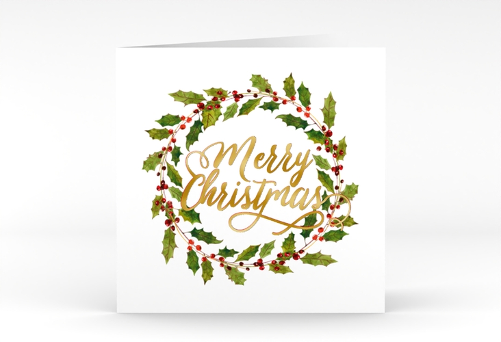 Weihnachtskarte Weihnachtskranz quadr. Klappkarte weiss gold mit Kranz aus Stechpalme