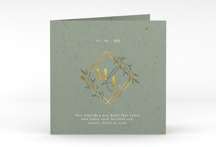 Hochzeitseinladung Greenletter quadr. Klappkarte gruen gold mit Initialen in elegantem Goldrahmen mit Blättern