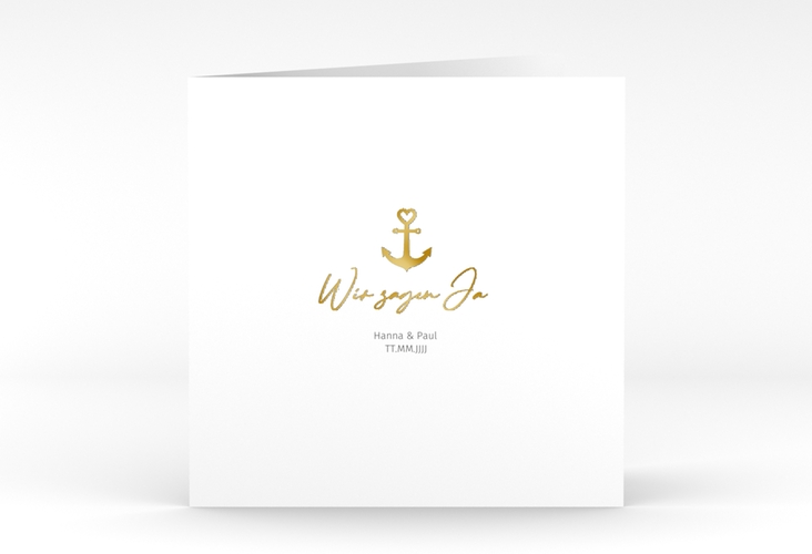 Hochzeitseinladung Ankerliebe quadr. Klappkarte weiss gold im minimalistischen maritimen Design mit Anker