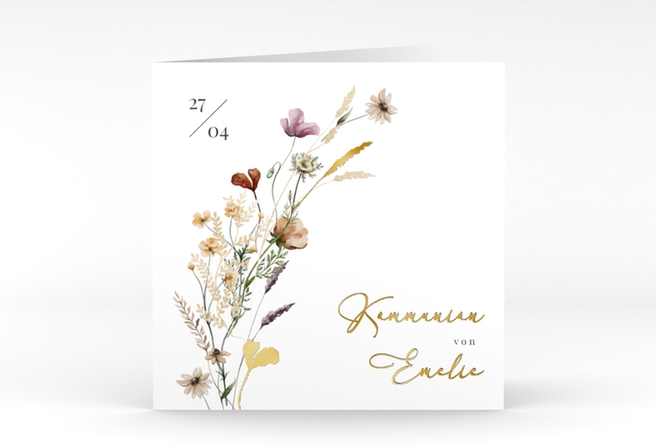 Kommunionseinladung Blumensegen quadr. Klappkarte weiss gold