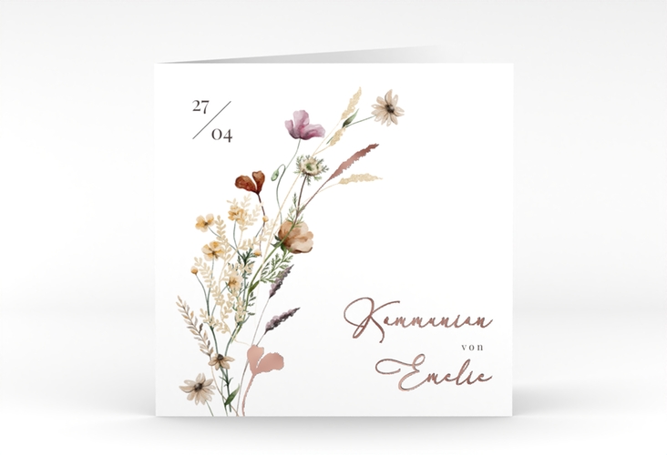 Kommunionseinladung Blumensegen quadr. Klappkarte weiss rosegold
