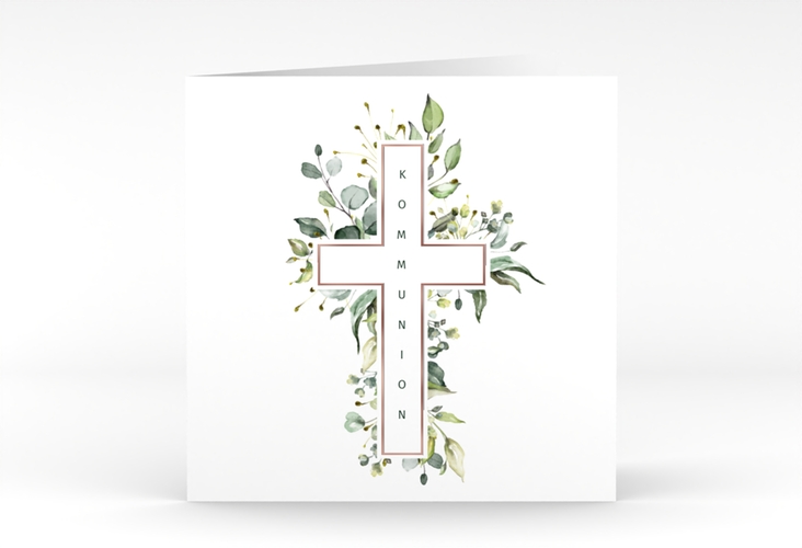 Kommunionseinladung Verdant quadr. Klappkarte weiss rosegold