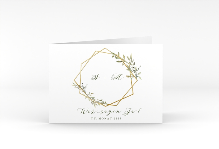 Hochzeitseinladung Acacia A6 Klappkarte quer weiss gold