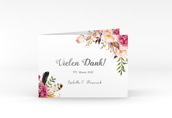 Danksagungskarte Hochzeit Flowers A6 Klappkarte quer weiss silber mit bunten Aquarell-Blumen
