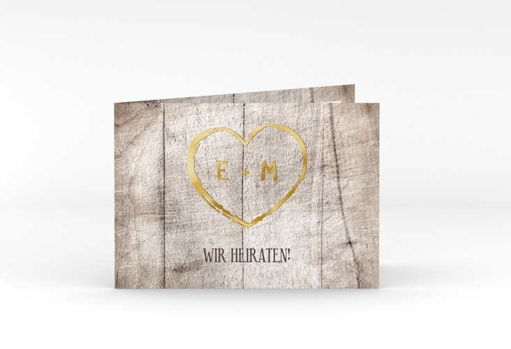 Hochzeitseinladung "Wood" DIN A6 Klappkarte quer weiss gold in rustikaler Holz-Optik mit Herz