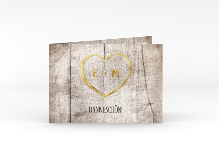 Danksagungskarte Hochzeit Wood A6 Klappkarte quer weiss gold