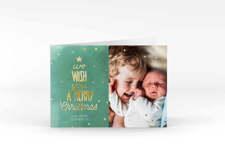 Weihnachtskarte Schneeglitzern A6 Klappkarte quer gruen gold im Handlettering-Stil mit Foto