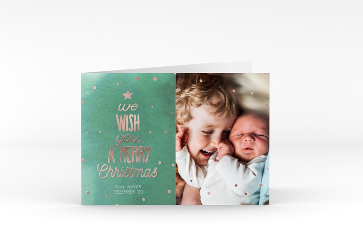 Weihnachtskarte Schneeglitzern A6 Klappkarte quer gruen rosegold im Handlettering-Stil mit Foto