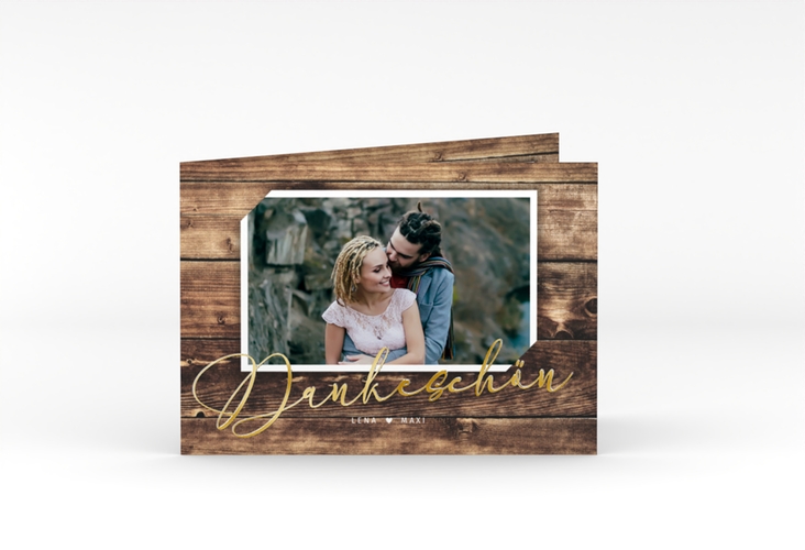 Danksagungskarte Hochzeit Rustic A6 Klappkarte quer braun gold in Holz-Optik mit Foto