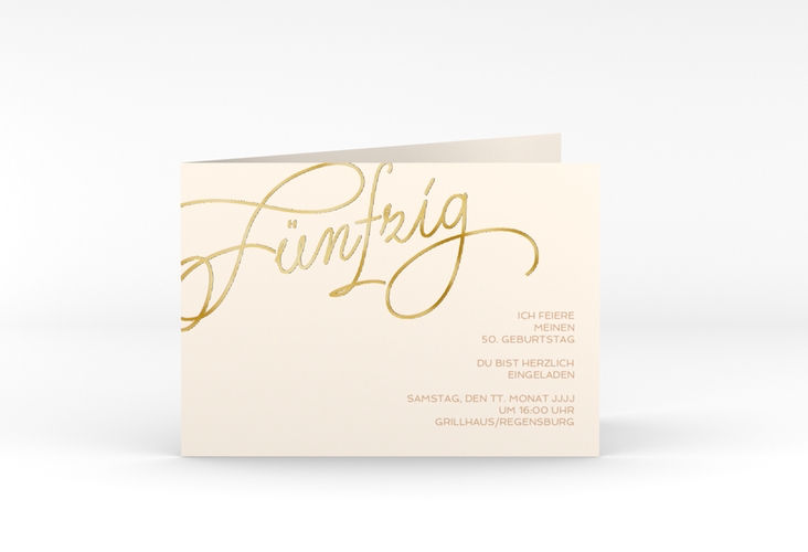 Einladung 50. Geburtstag Schwungvoll A6 Klappkarte quer beige gold
