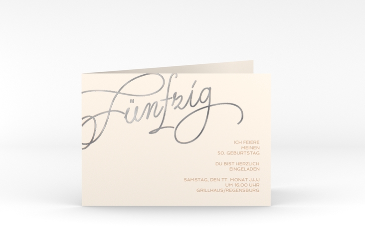 Einladung 50. Geburtstag Schwungvoll A6 Klappkarte quer beige silber