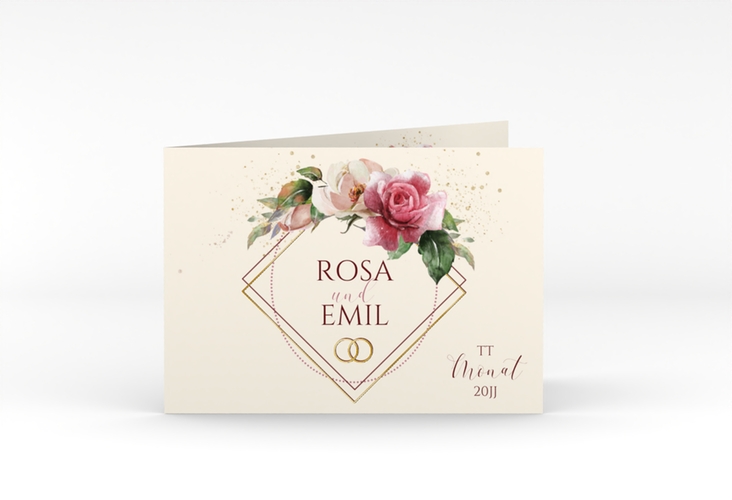 Hochzeitseinladung Rosenbogen A6 Klappkarte quer beige gold