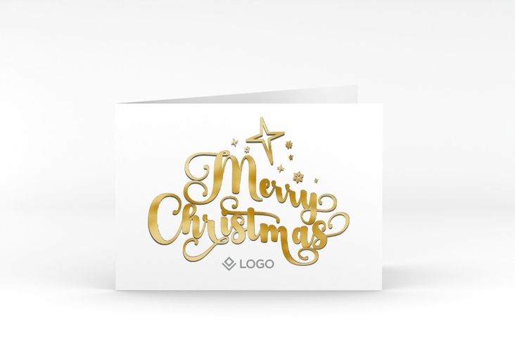 Geschäftliche Weihnachtskarte Merry Christmas A6 Klappkarte quer weiss gold