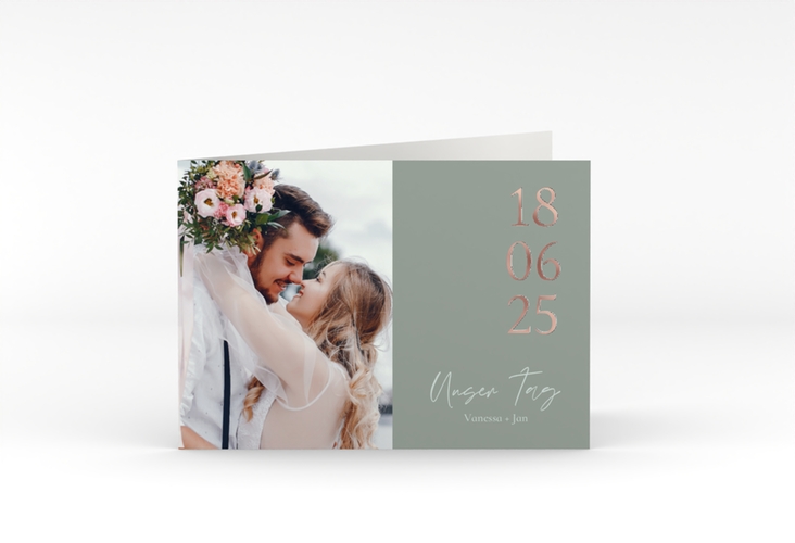 Danksagungskarte Hochzeit Day A6 Klappkarte quer gruen rosegold mit Datum im minimalistischen Design