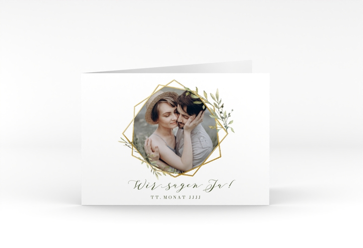 Hochzeitseinladung Acacia A6 Klappkarte quer weiss gold